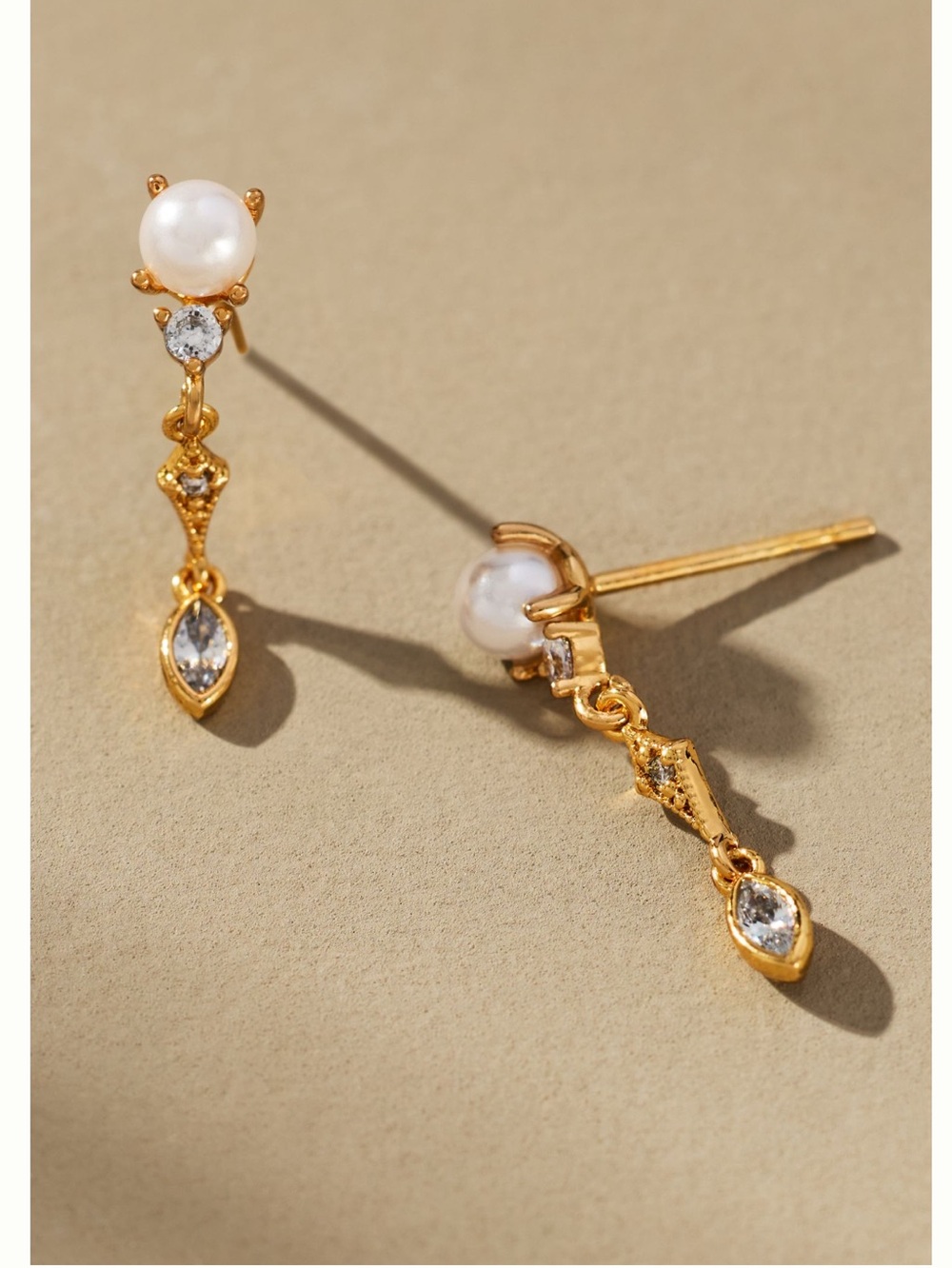 Anthropologie Gold Plated Pearl Drop Earrings Linear Shimmer Clear Stones New